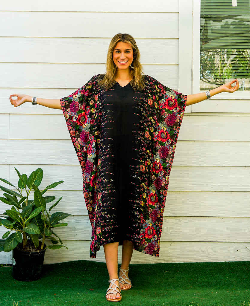 Black Floral Kimono Kaftan Dress