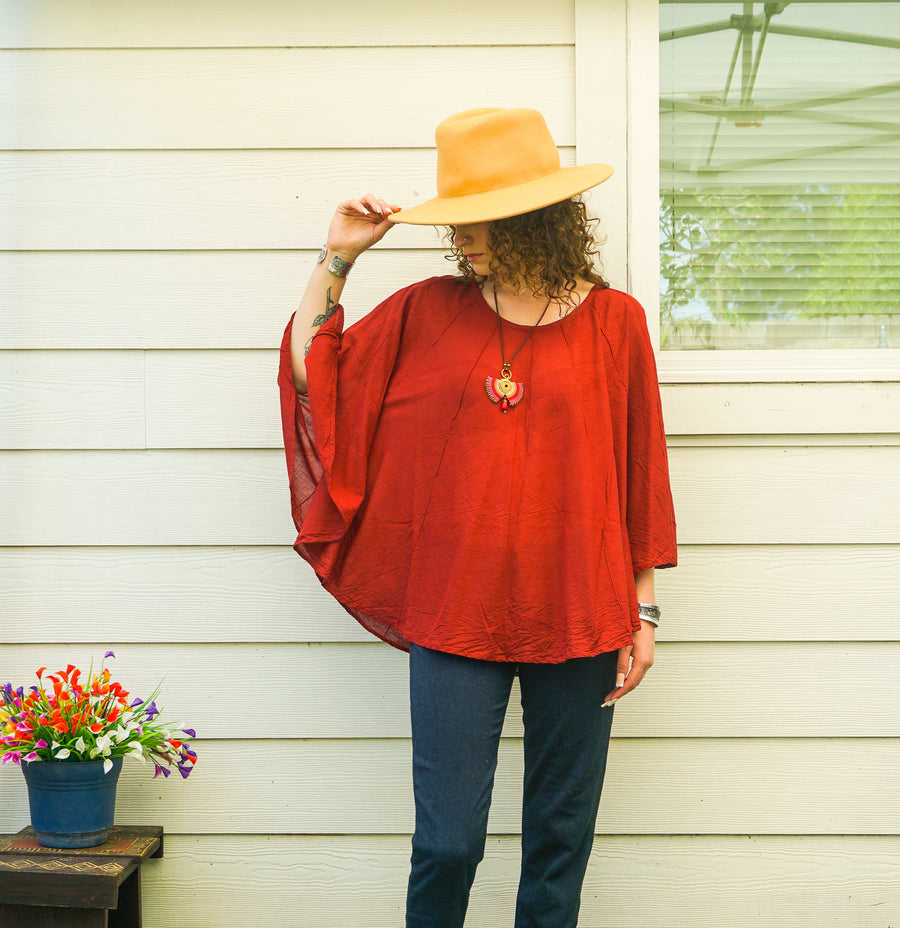 Sacred Rust Organic Cotton Gauze Boho Blouse – Oversized Butterfly Top