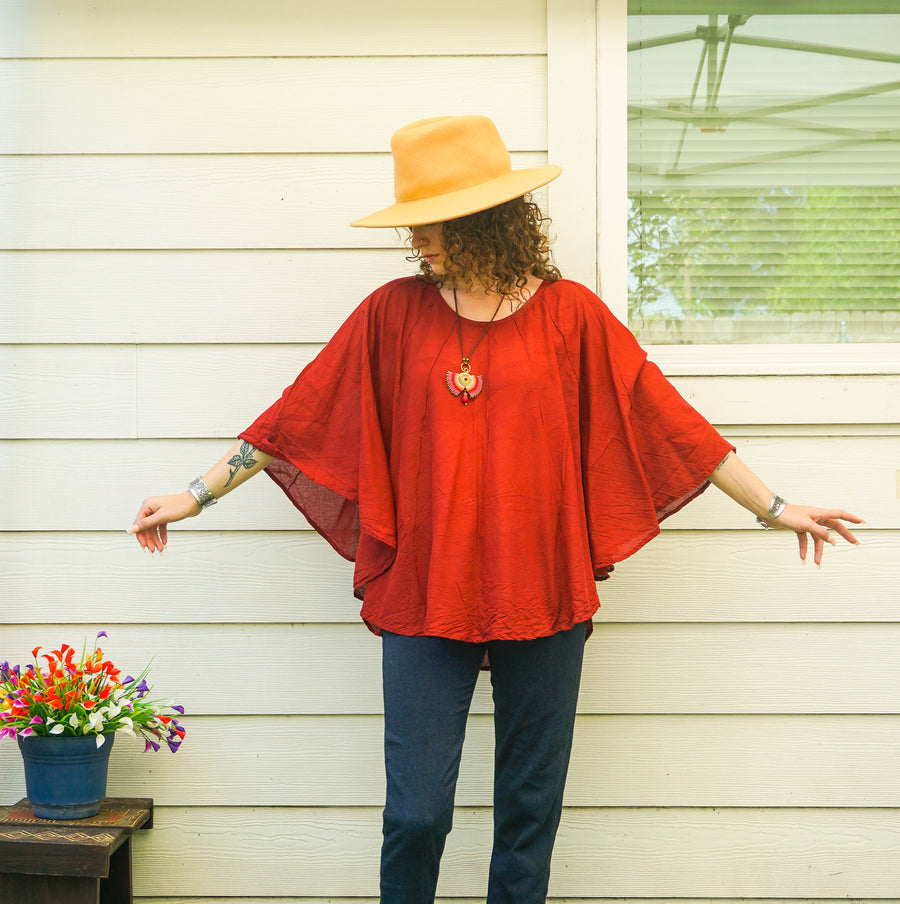 Sacred Rust Organic Cotton Gauze Boho Blouse – Oversized Butterfly Top