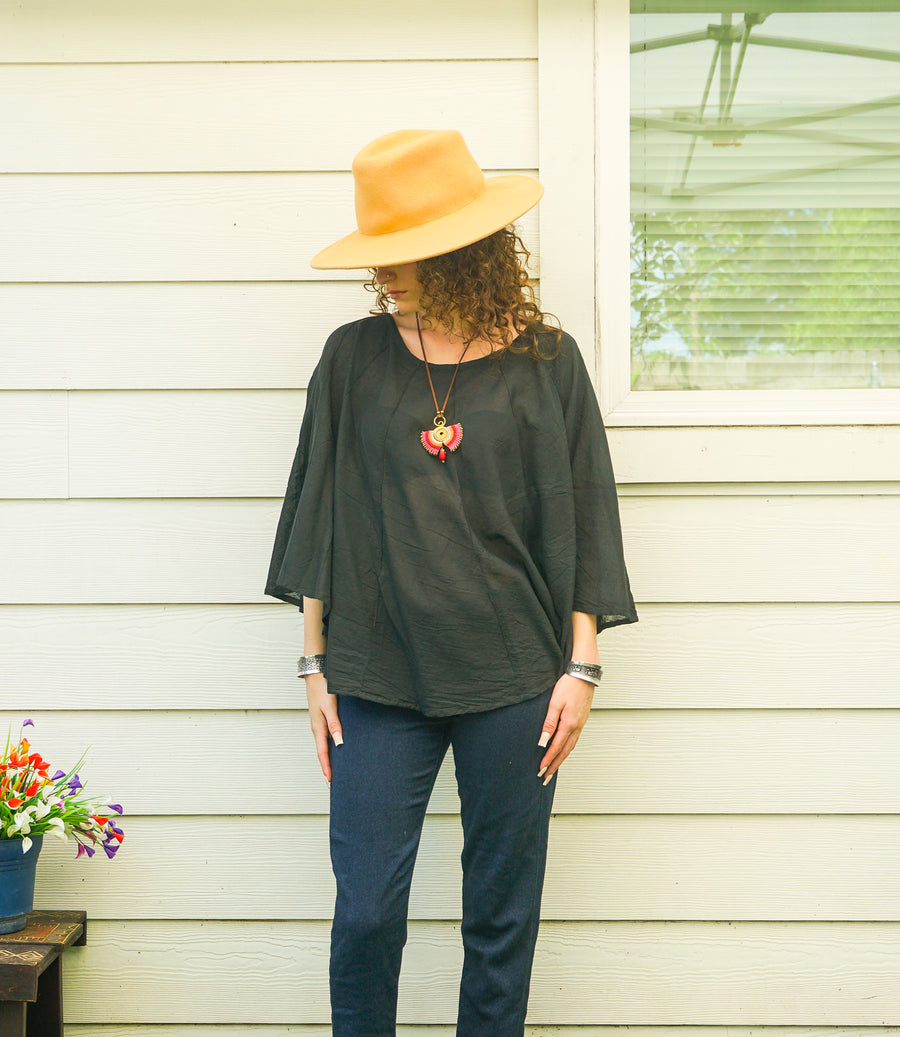 Black Organic Cotton Gauze Boho Blouse – Oversized Butterfly Top