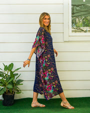 Navy Blue Floral Kimono Kaftan Dress