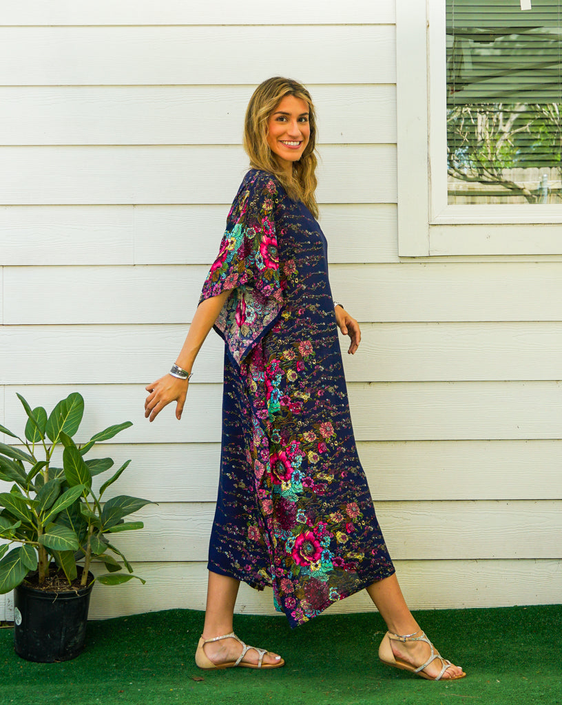 Navy Blue Floral Kimono Kaftan Dress