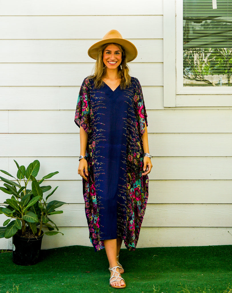 Navy Blue Floral Kimono Kaftan Dress