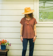 Organic Rust Brown Cotton Gauze Blouse – Boho Minimal Short Sleeve Top