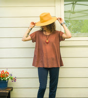 Organic Rust Brown Cotton Gauze Blouse – Boho Minimal Short Sleeve Top