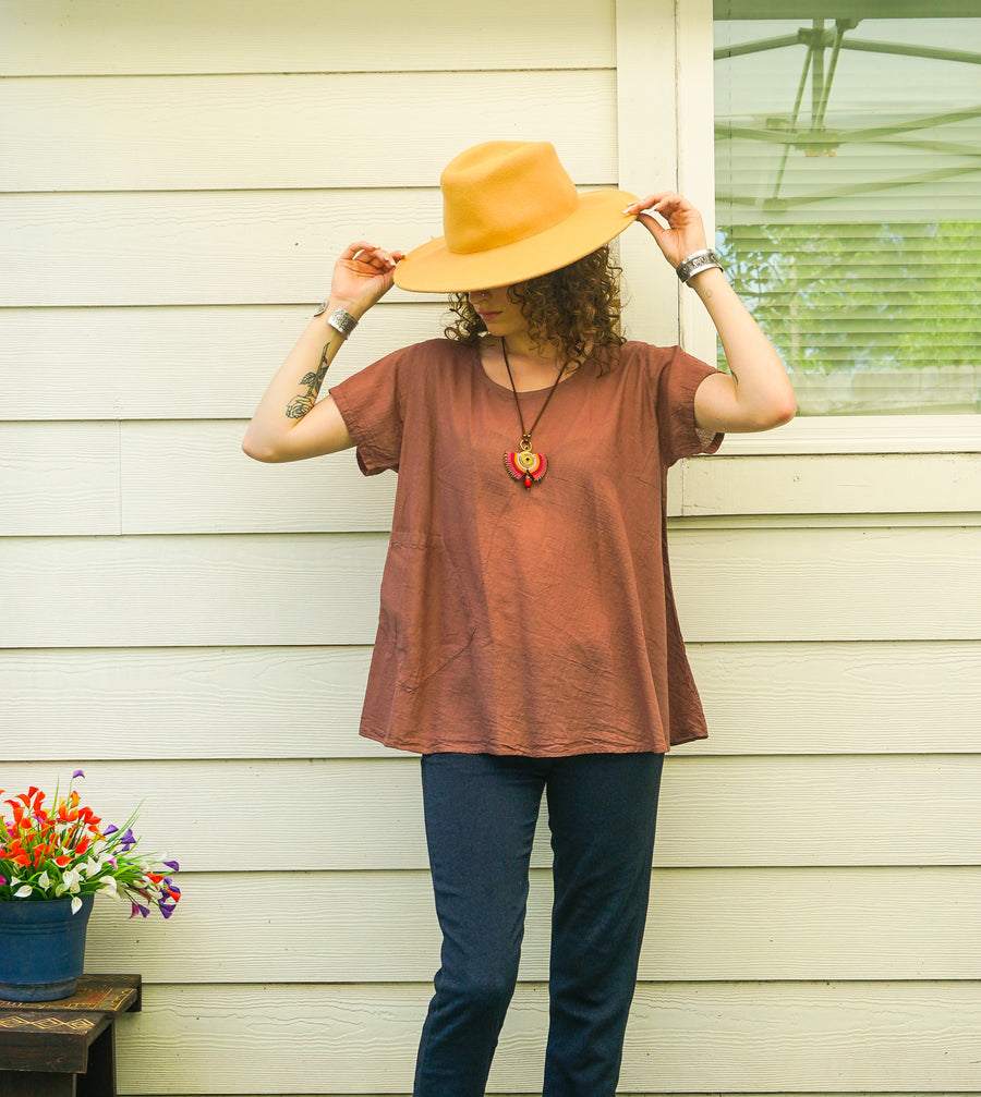 Organic Rust Brown Cotton Gauze Blouse – Boho Minimal Short Sleeve Top