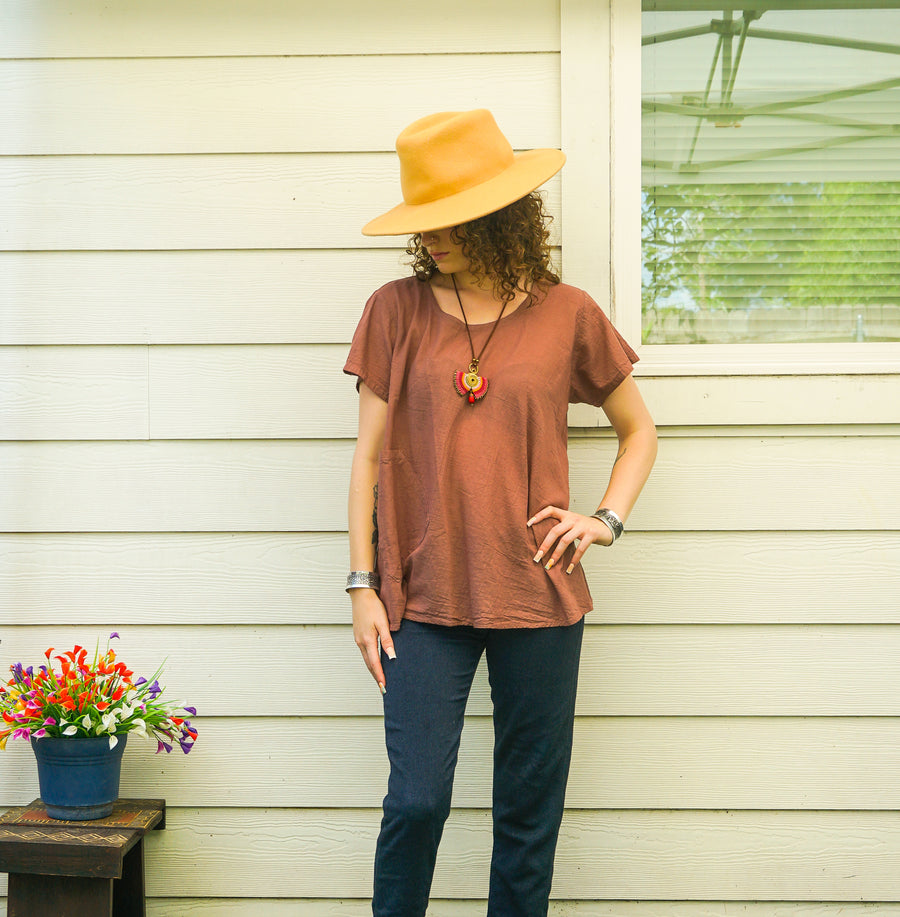 Organic Rust Brown Cotton Gauze Blouse – Boho Minimal Short Sleeve Top