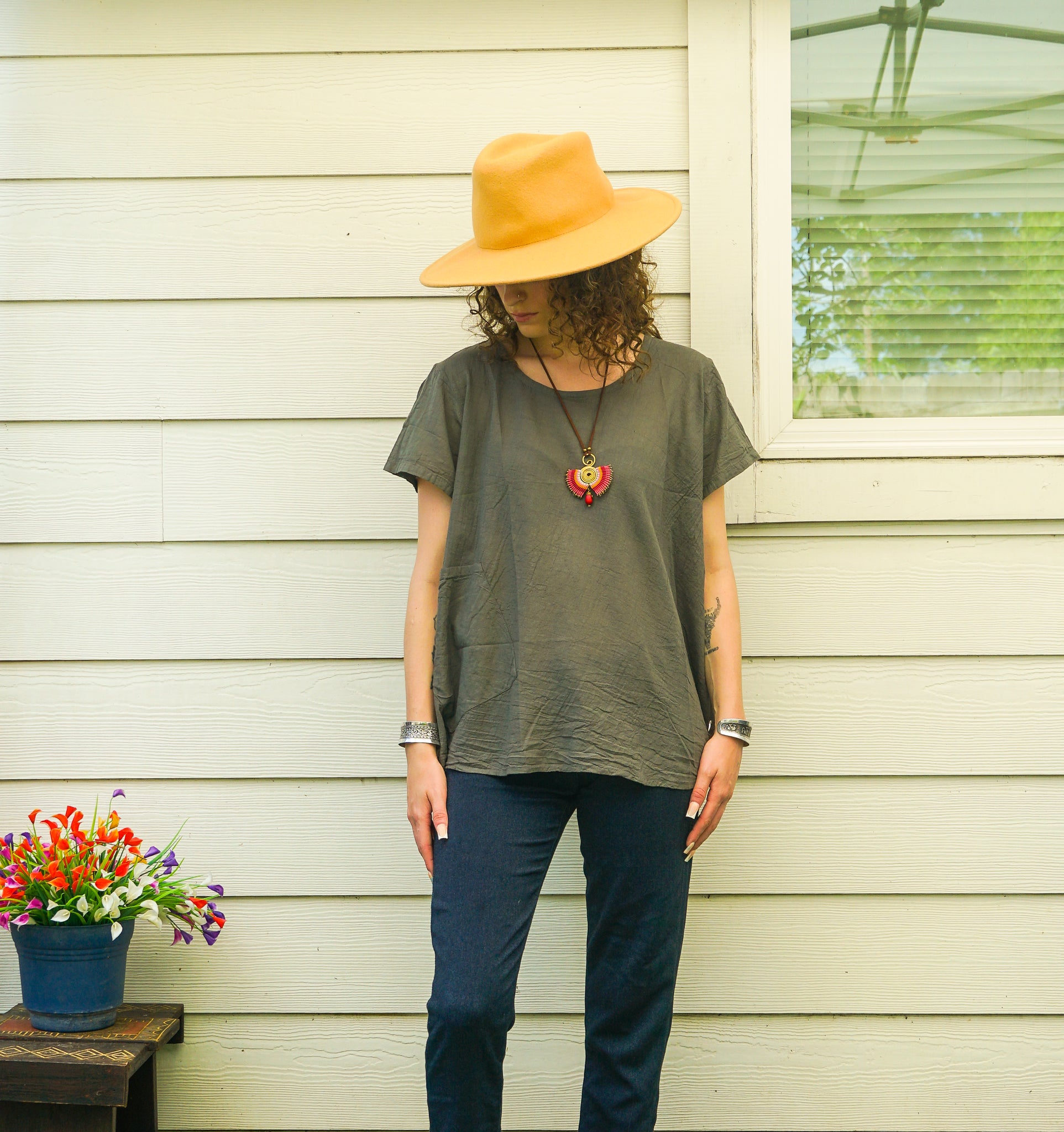 Organic Olive Gray Cotton Gauze Blouse – Boho Minimal Short Sleeve Top