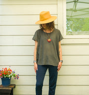 Organic Olive Gray Cotton Gauze Blouse – Boho Minimal Short Sleeve Top