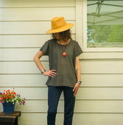Organic Olive Gray Cotton Gauze Blouse – Boho Minimal Short Sleeve Top