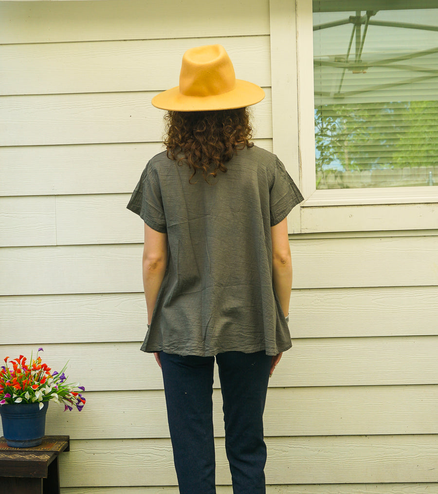 Organic Olive Gray Cotton Gauze Blouse – Boho Minimal Short Sleeve Top