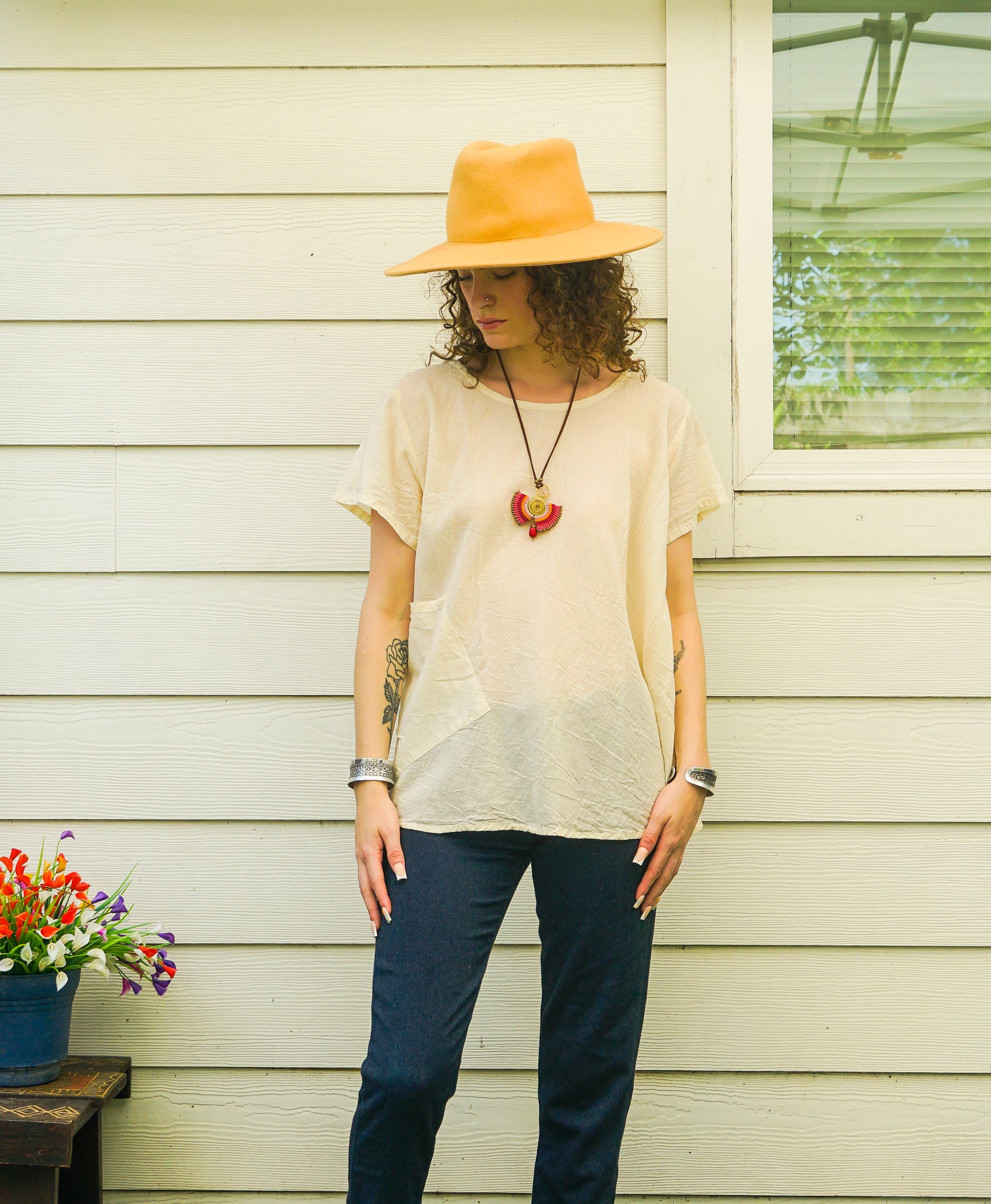 Organic Ivory Cotton Gauze Blouse – Boho Minimal Short Sleeve Top