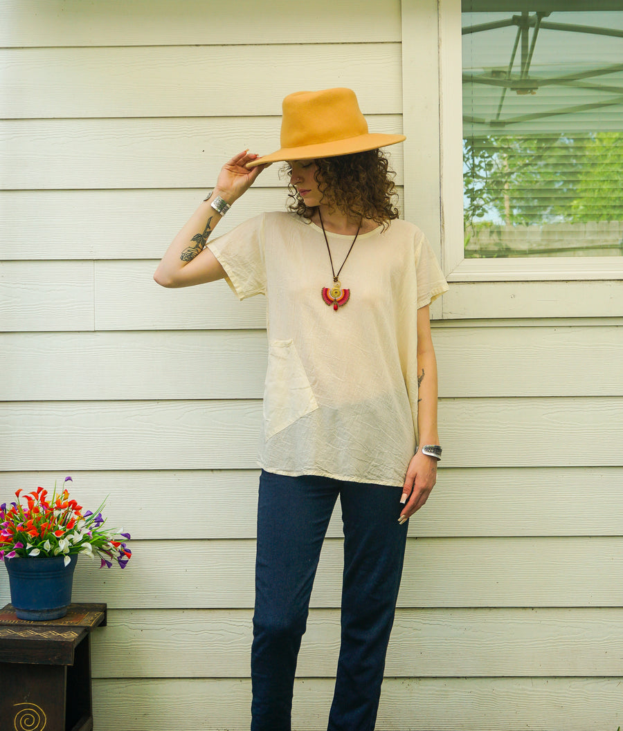 Organic Ivory Cotton Gauze Blouse – Boho Minimal Short Sleeve Top