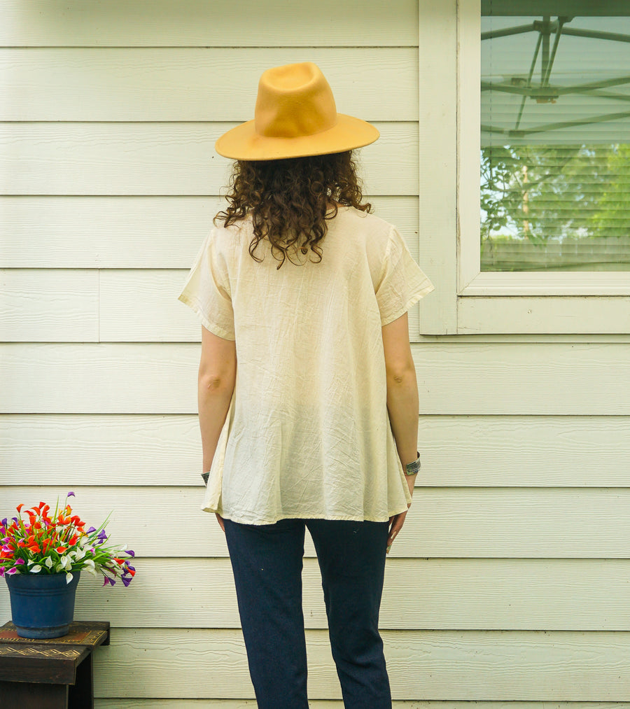 Organic Ivory Cotton Gauze Blouse – Boho Minimal Short Sleeve Top
