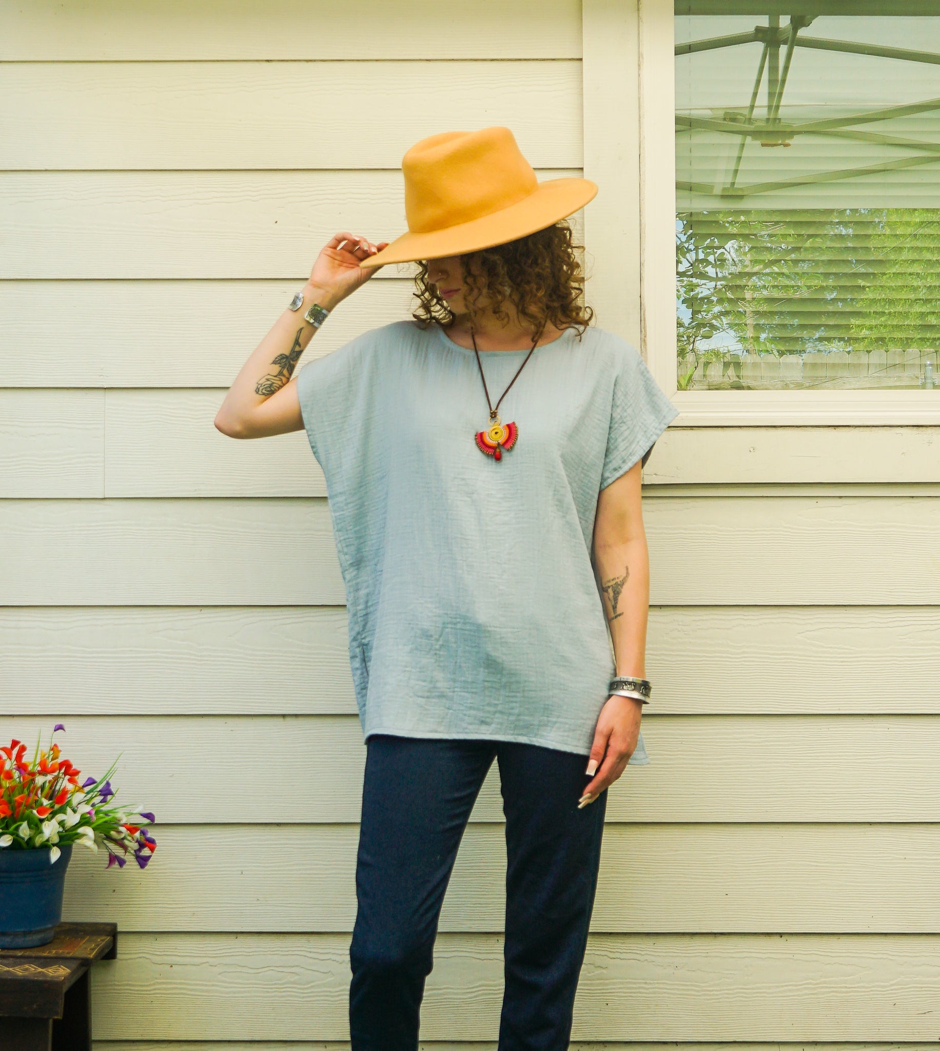 Organic Sage Mist Raw Natural Double Gauze Crinkled Cotton Blouse