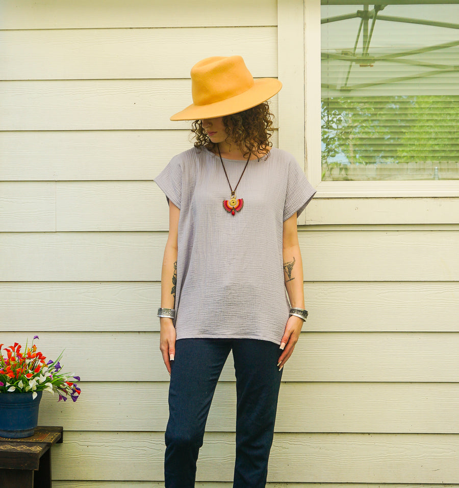 Organic Soft Stone Gray Raw Natural Double Gauze Crinkled Cotton Blouse