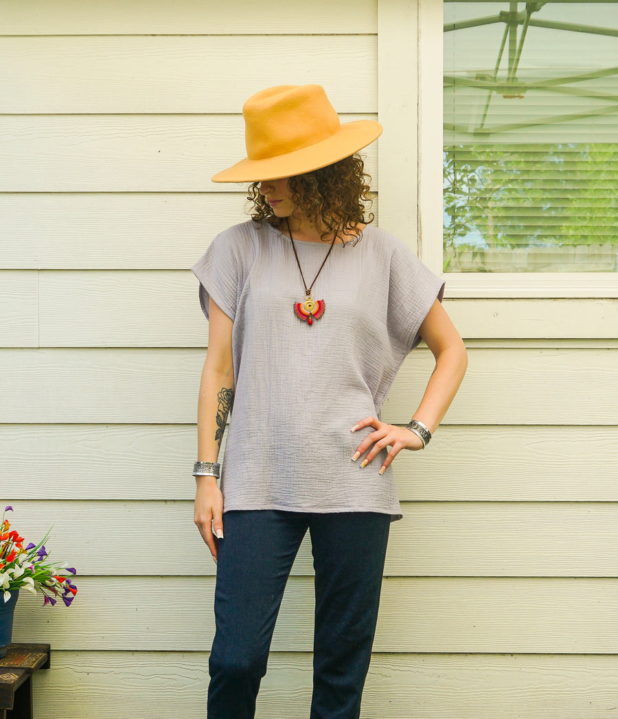 Organic Soft Stone Gray Raw Natural Double Gauze Crinkled Cotton Blouse