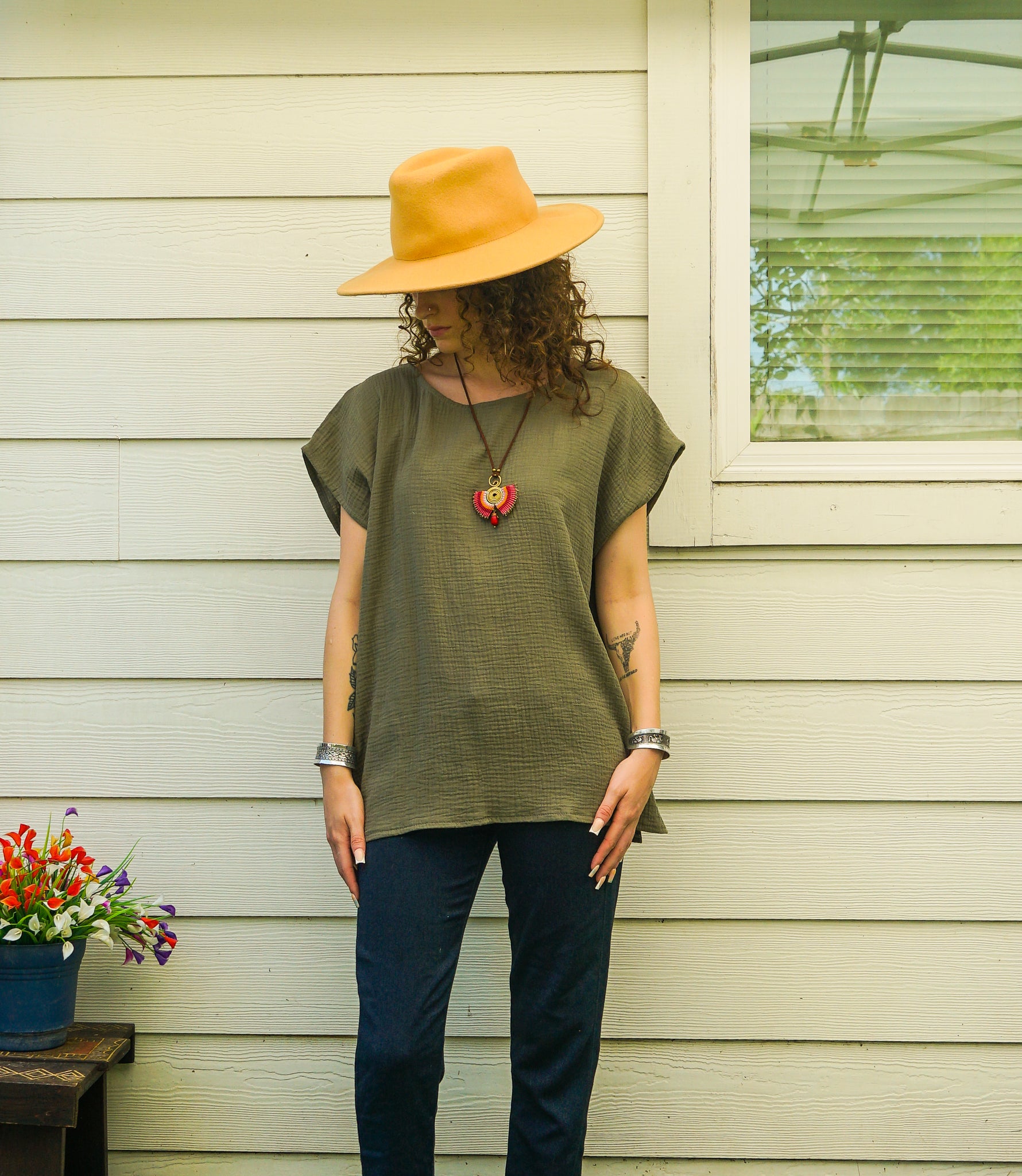 Organic Olive Grove Raw Natural Double Gauze Crinkled Cotton Blouse