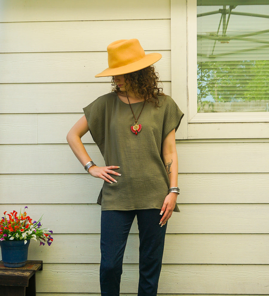 Organic Olive Grove Raw Natural Double Gauze Crinkled Cotton Blouse