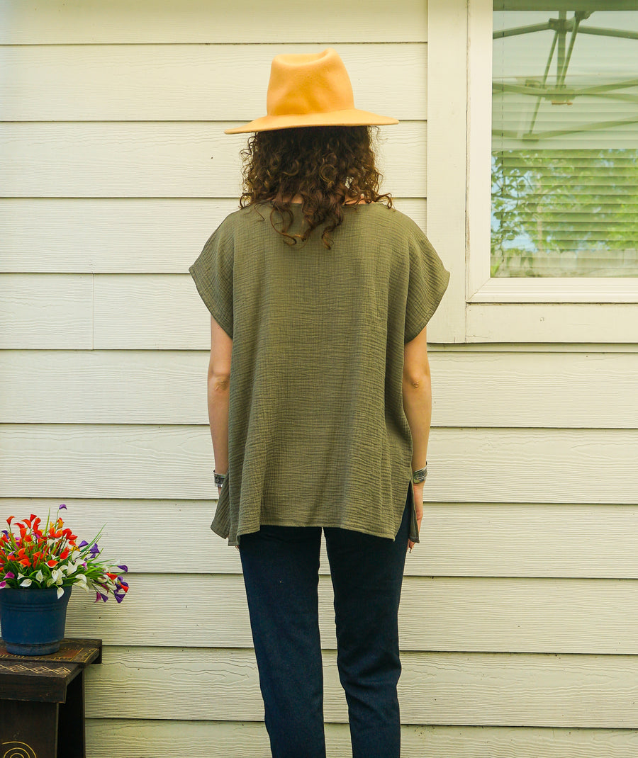 Organic Olive Grove Raw Natural Double Gauze Crinkled Cotton Blouse