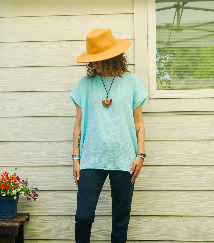 Organic Seafoam Aqua Raw Natural Double Gauze Crinkled Cotton Blouse