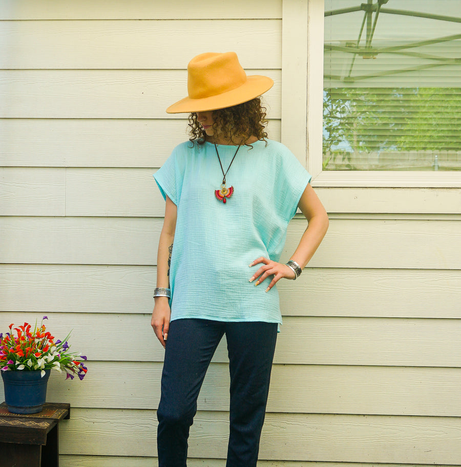 Organic Seafoam Aqua Raw Natural Double Gauze Crinkled Cotton Blouse