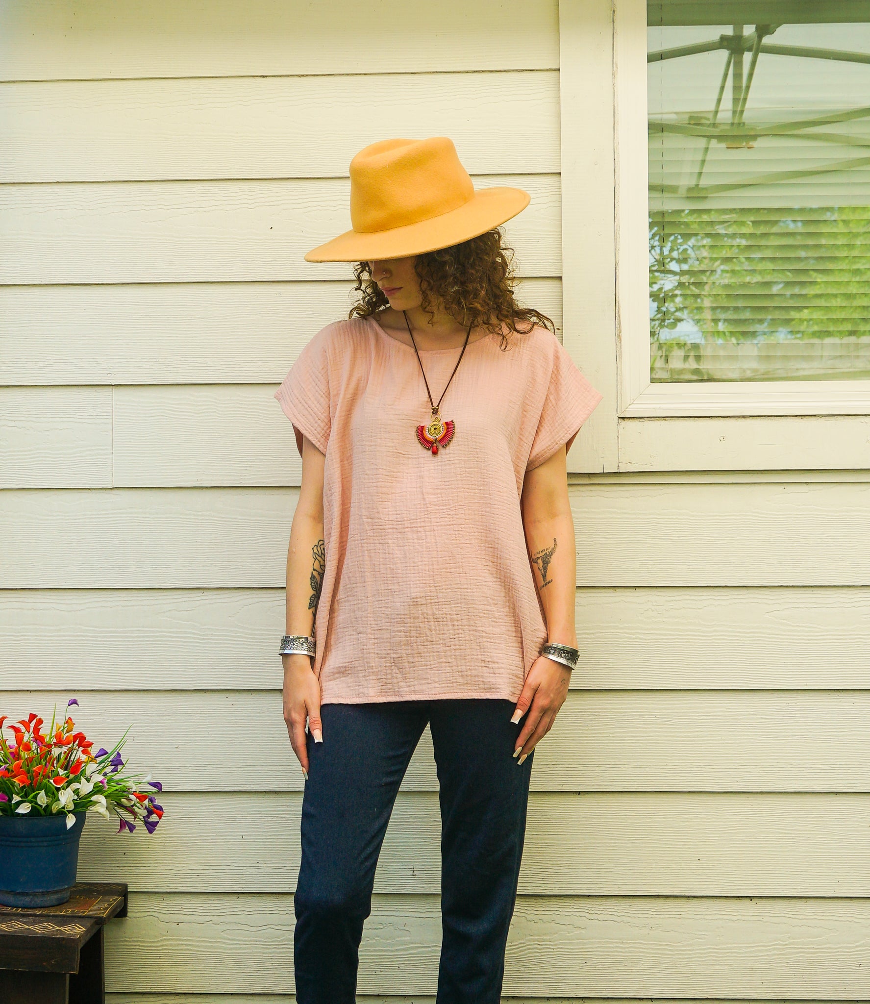 Organic Soft Blush Clay Raw Natural Double Gauze Crinkled Cotton Blouse