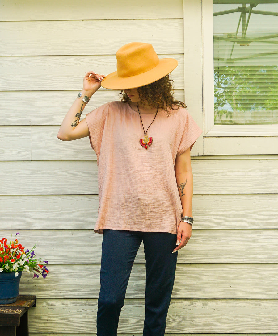 Organic Soft Blush Clay Raw Natural Double Gauze Crinkled Cotton Blouse