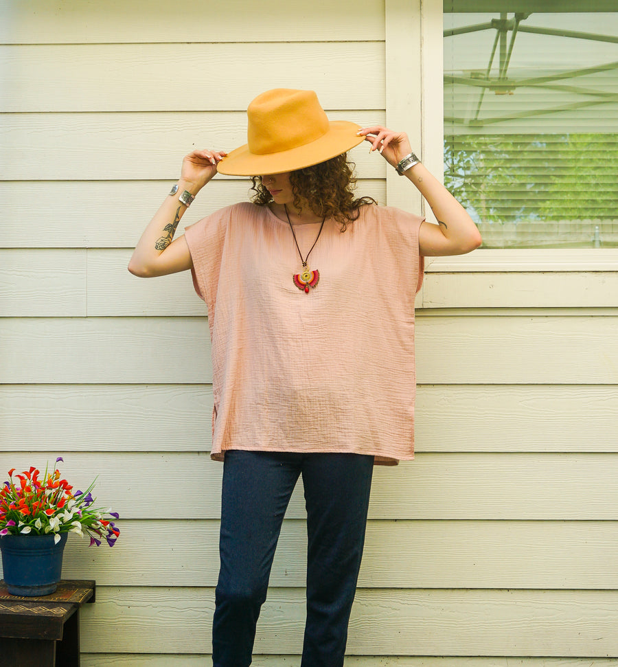 Organic Soft Blush Clay Raw Natural Double Gauze Crinkled Cotton Blouse