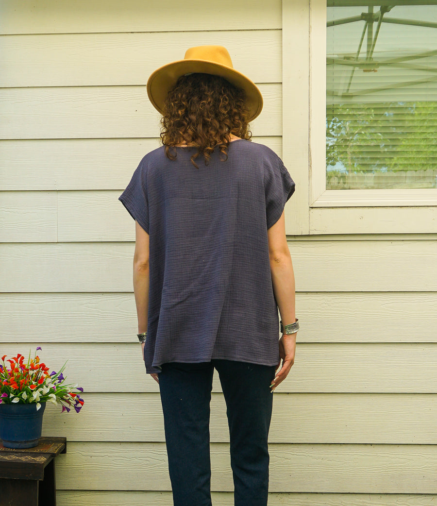 Organic Charcoal Plum Raw Natural Double Gauze Crinkled Cotton Blouse