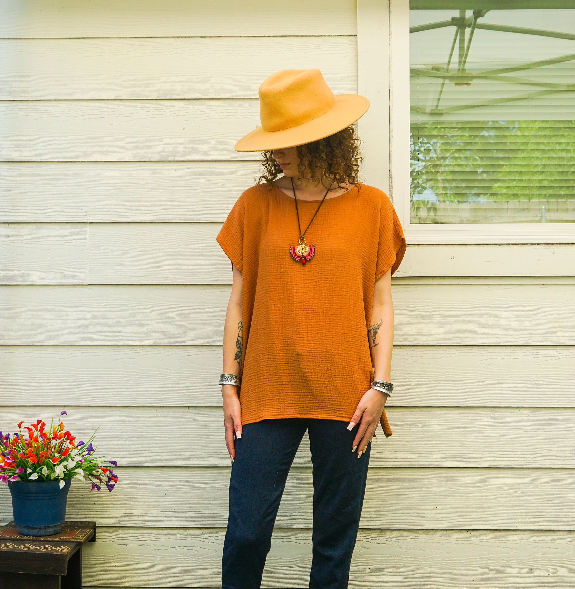 Organic Burnt Sienna Raw Natural Double Gauze Crinkled Cotton Blouse