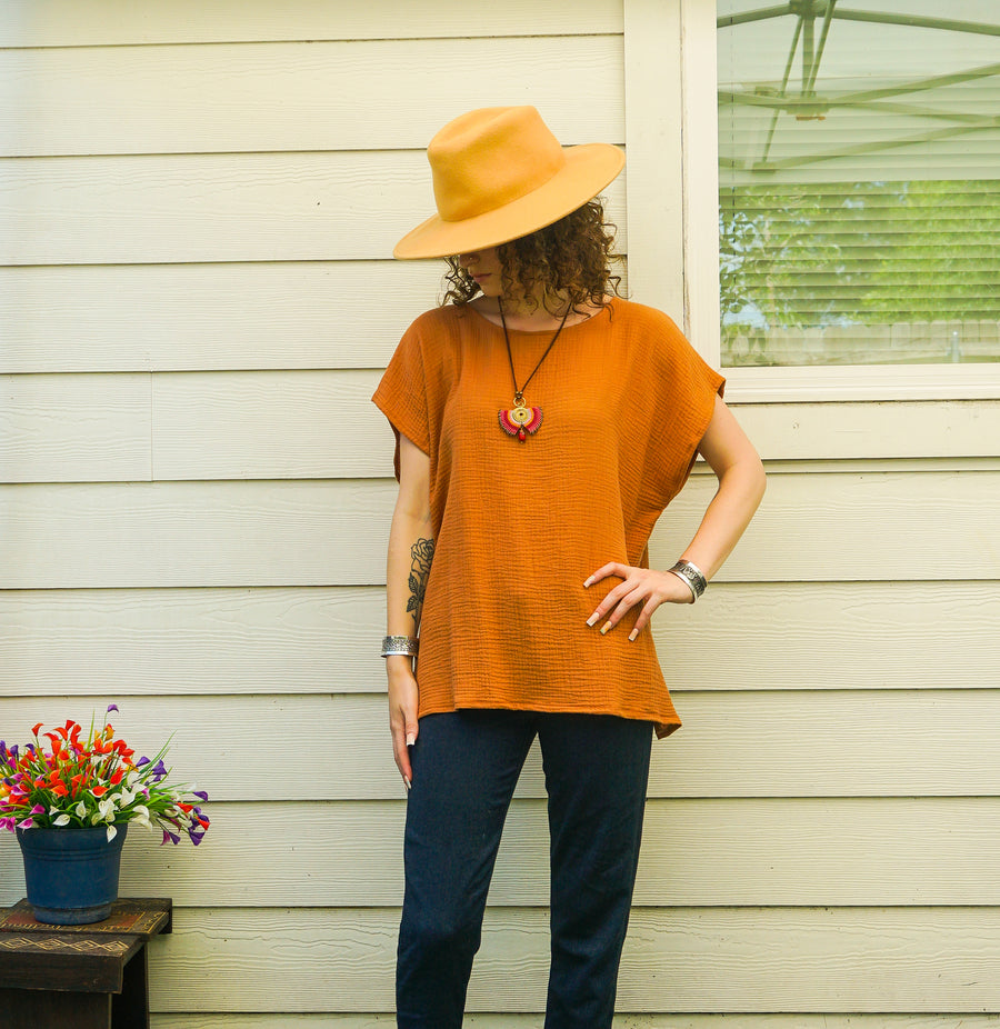 Organic Burnt Sienna Raw Natural Double Gauze Crinkled Cotton Blouse