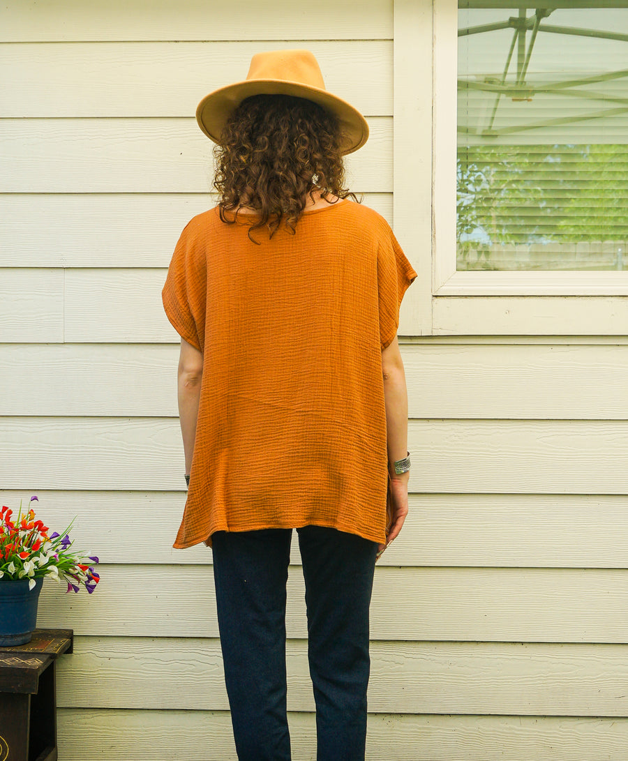 Organic Burnt Sienna Raw Natural Double Gauze Crinkled Cotton Blouse