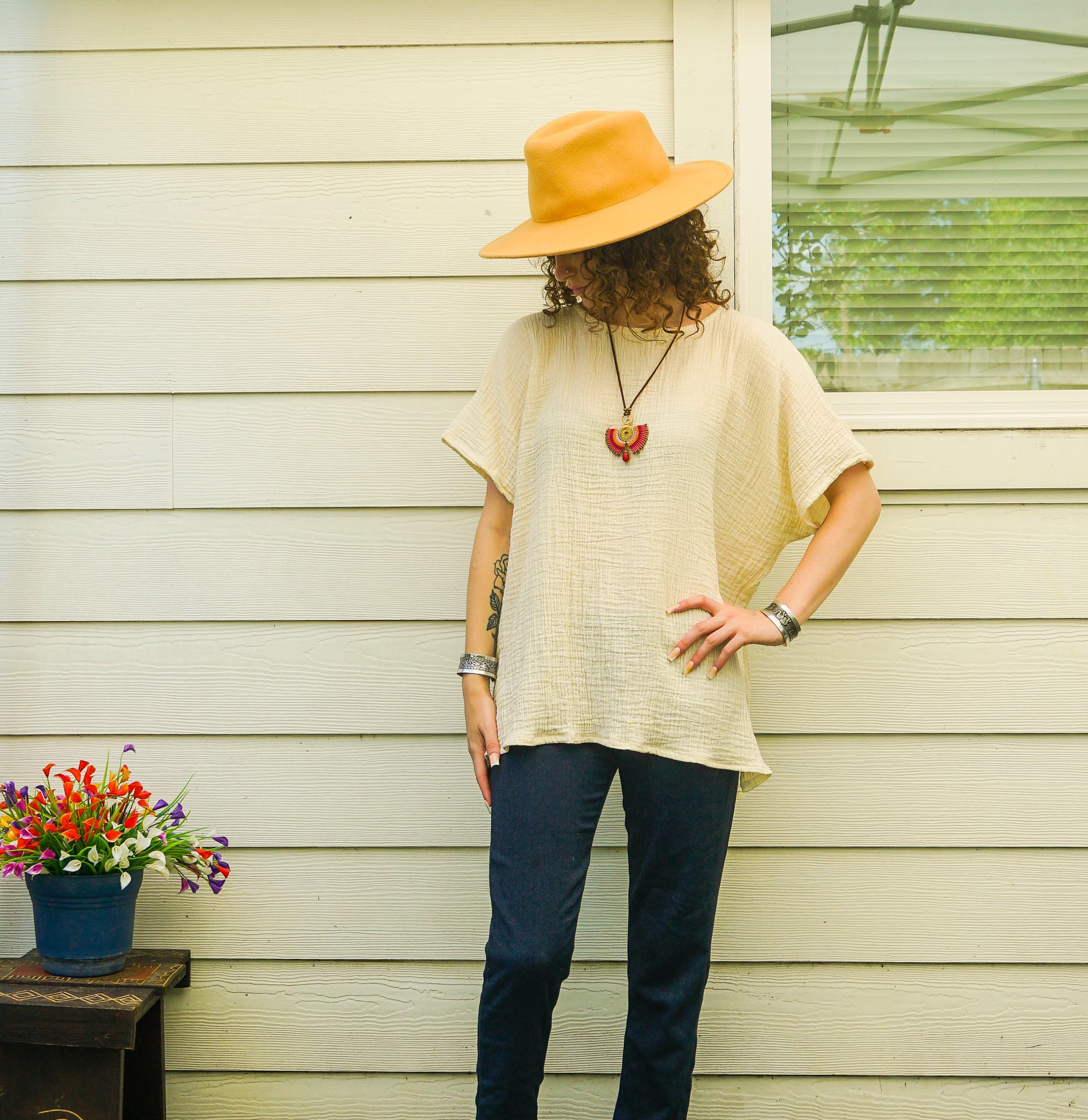 Organic Double Gauze Cotton Boho Blouse – Raw Natural Crinkled Muslin Top