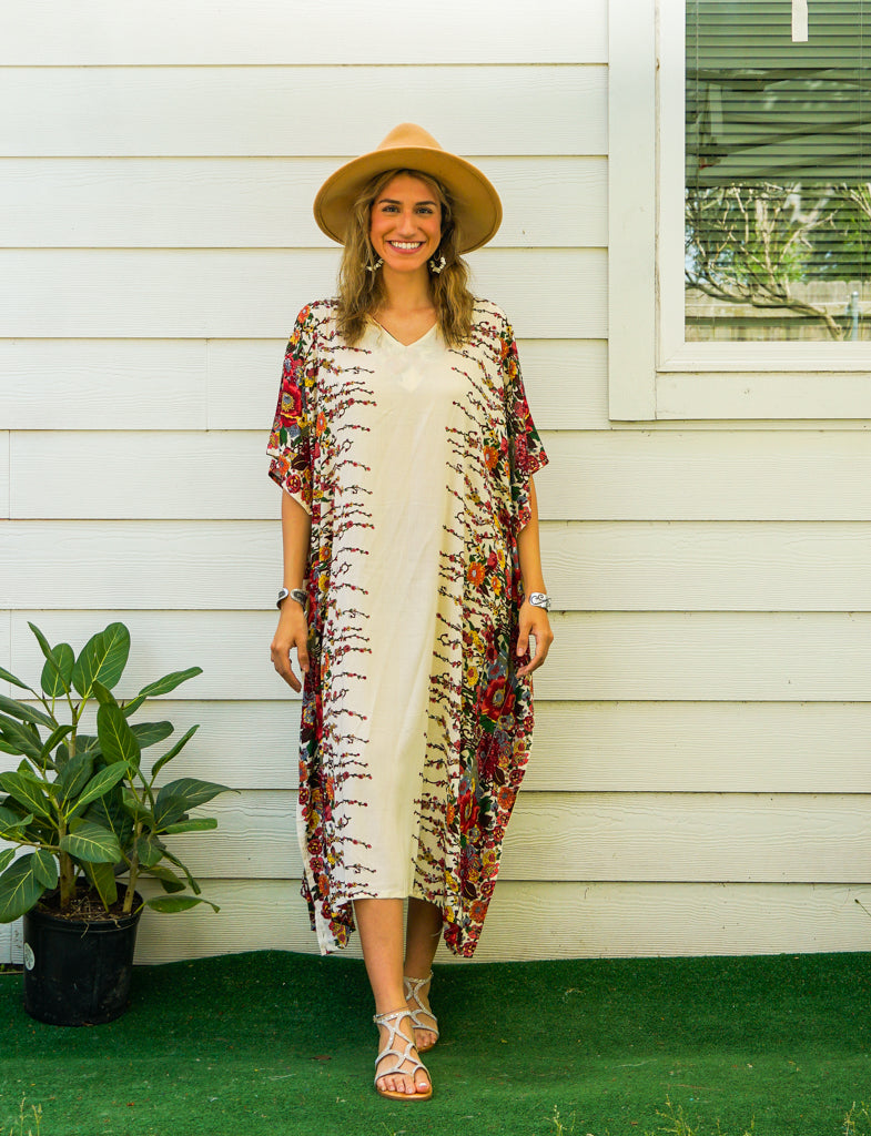 Ivory Floral Blossom Kimono Kaftan Dress