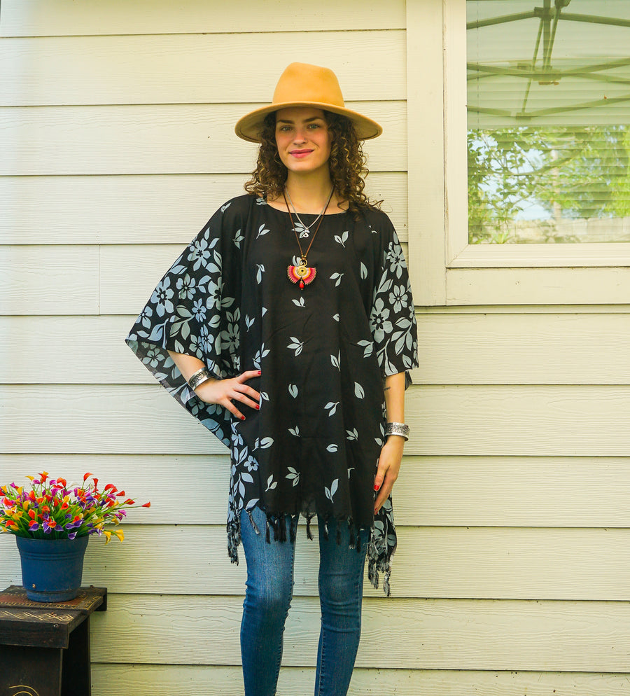 Black Floral Batik Boho Kaftan Tunic Blouse