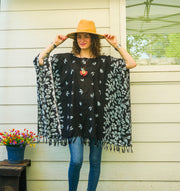 Black Floral Batik Boho Kaftan Tunic Blouse