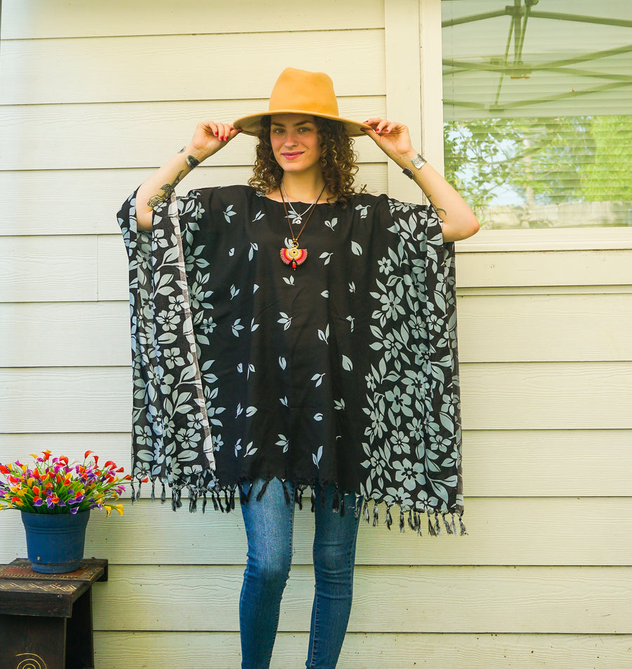 Black Floral Batik Boho Kaftan Tunic Blouse