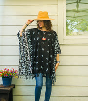 Black Floral Batik Boho Kaftan Tunic Blouse