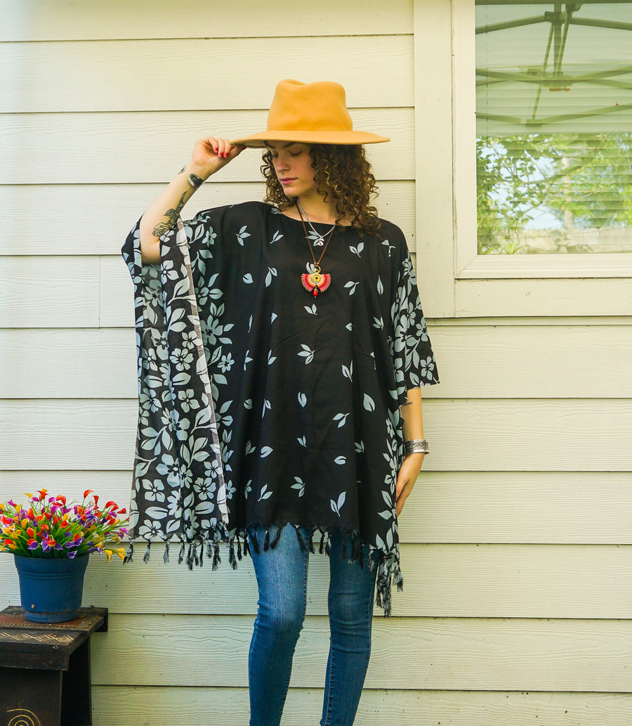 Black Floral Batik Boho Kaftan Tunic Blouse