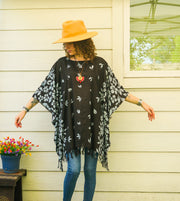 Black Floral Batik Boho Kaftan Tunic Blouse