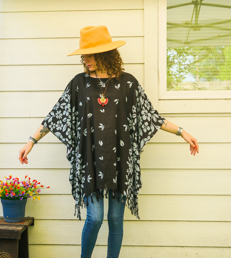 Black Floral Batik Boho Kaftan Tunic Blouse