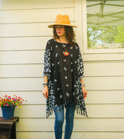 Black Floral Batik Boho Kaftan Tunic Blouse