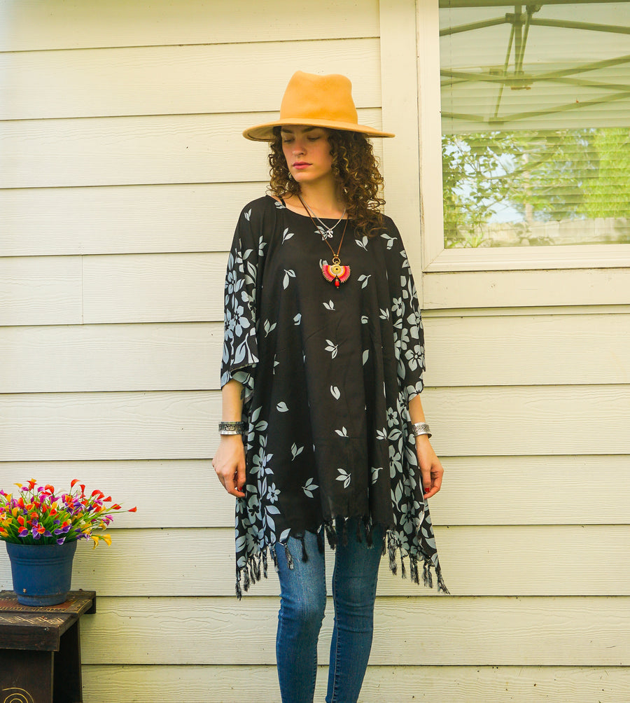 Black Floral Batik Boho Kaftan Tunic Blouse