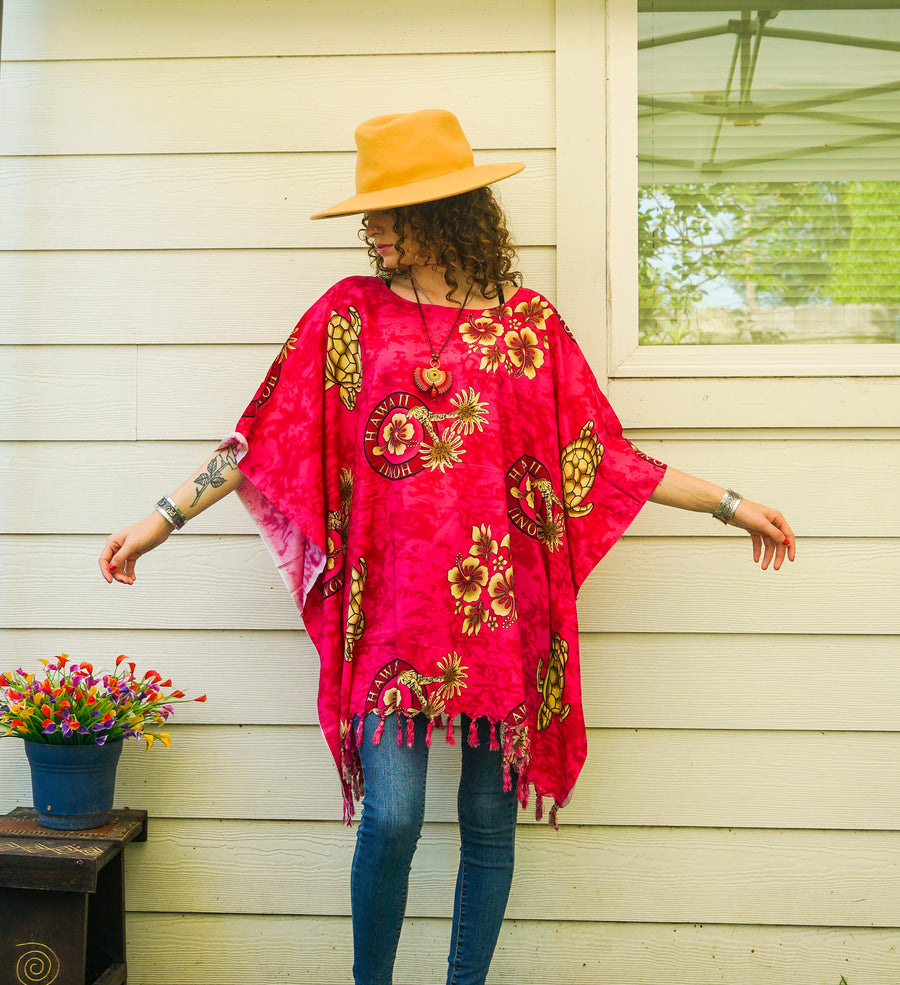 Fuchsia Honu Hawaii Tropical Kaftan Blouse