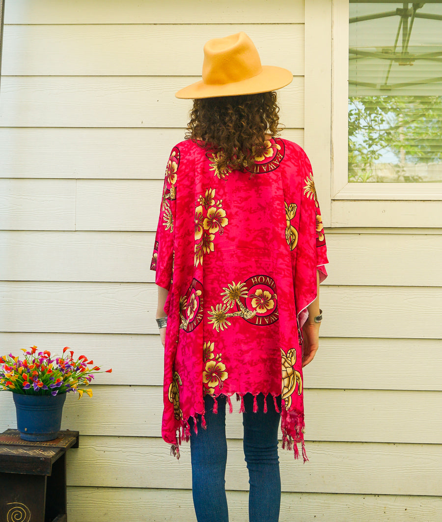 Fuchsia Honu Hawaii Tropical Kaftan Blouse