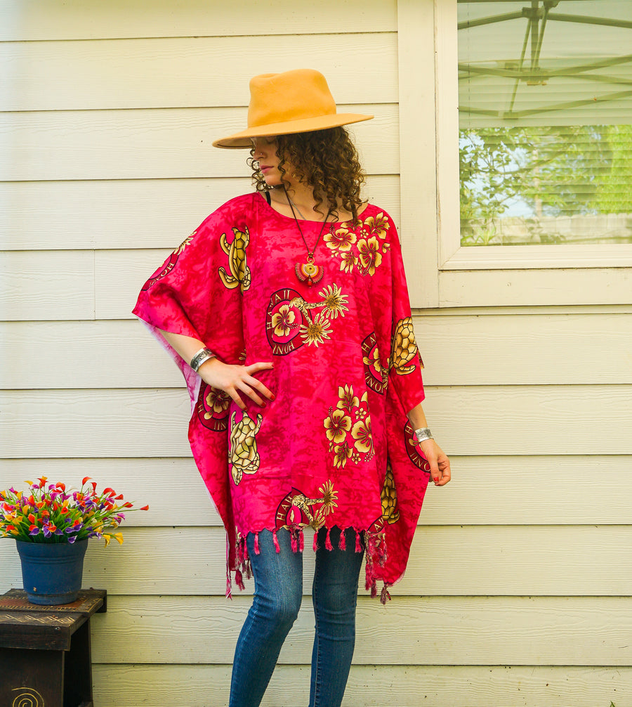 Fuchsia Honu Hawaii Tropical Kaftan Blouse