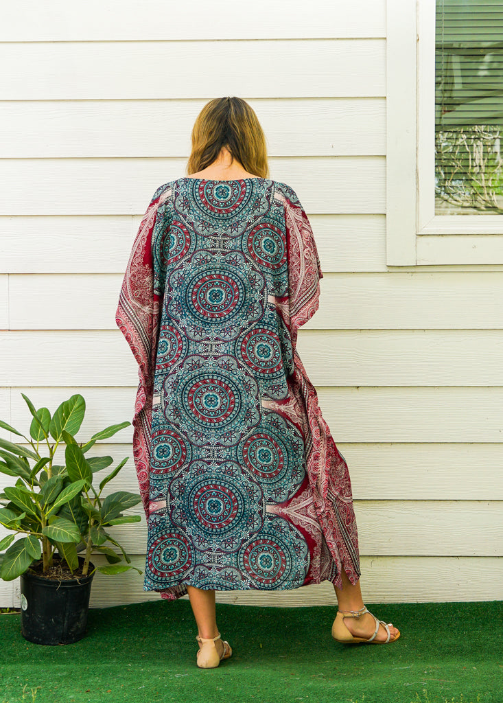 Teal Burgundy Mandala Kimono Kaftan Dress