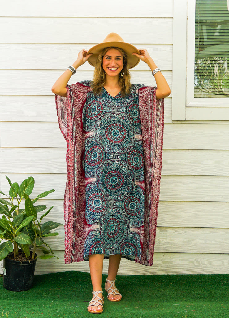 Teal Burgundy Mandala Kimono Kaftan Dress