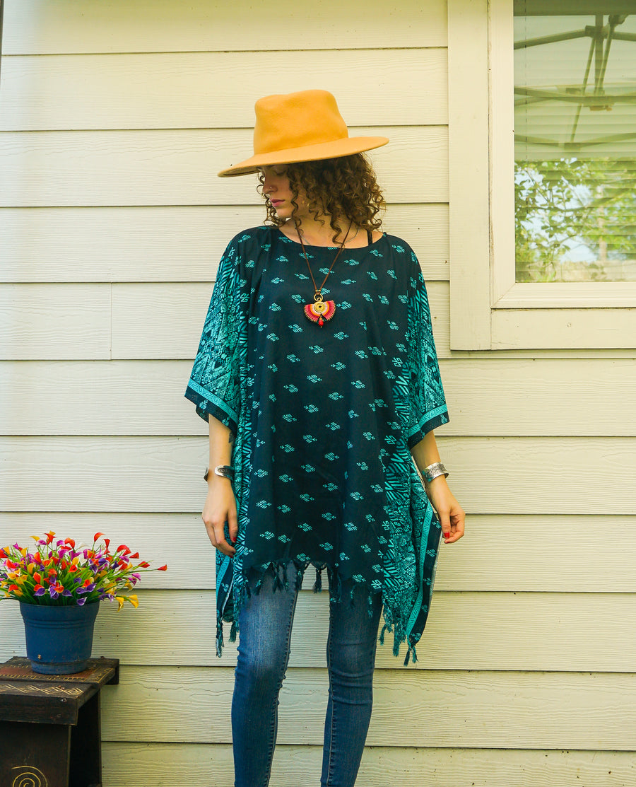 Turquoise Batik Boho Kaftan Tunic Blouse